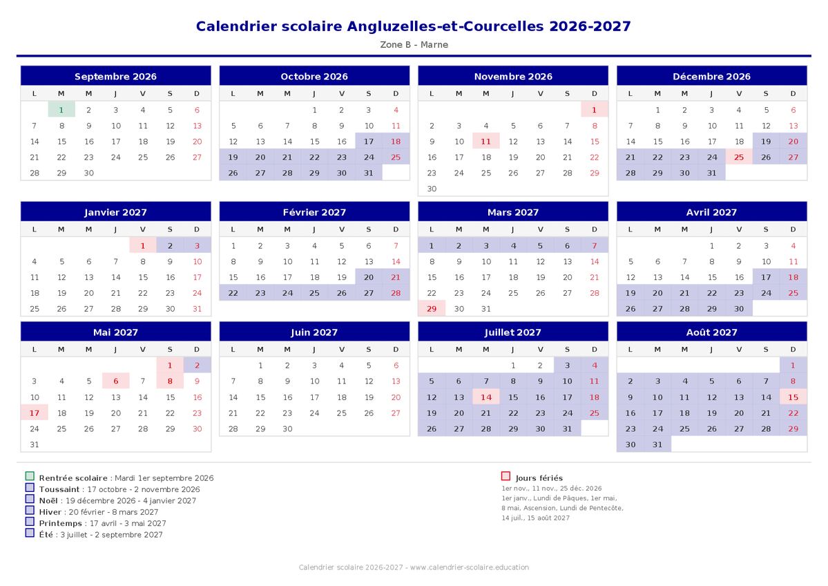 Aperçu du calendrier scolaire Angluzelles-et-Courcelles 2026-2027