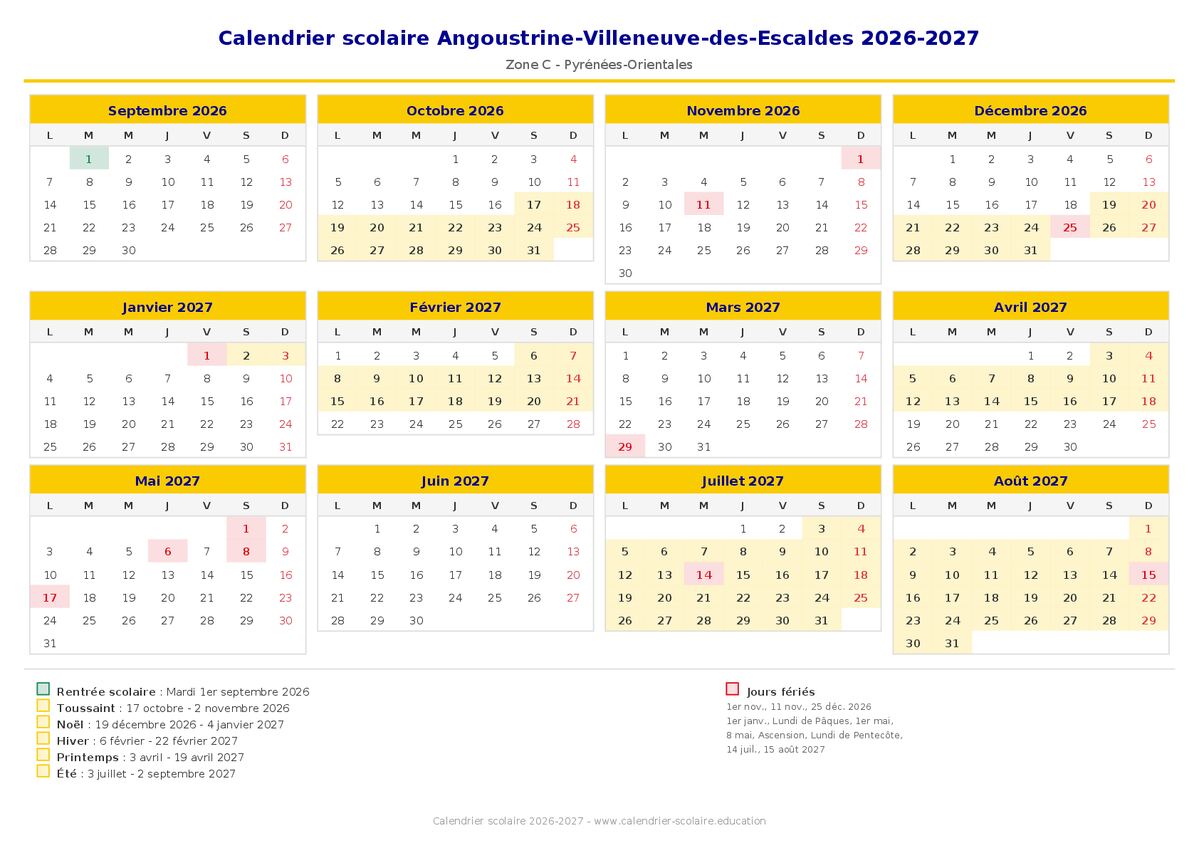 Aperçu du calendrier scolaire Angoustrine-Villeneuve-des-Escaldes 2026-2027