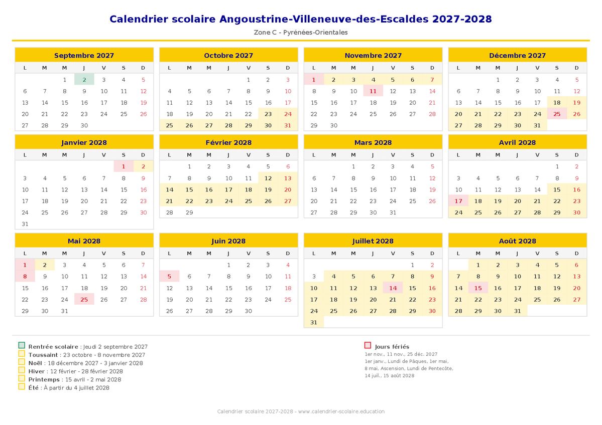 Aperçu du calendrier scolaire Angoustrine-Villeneuve-des-Escaldes 2027-2028