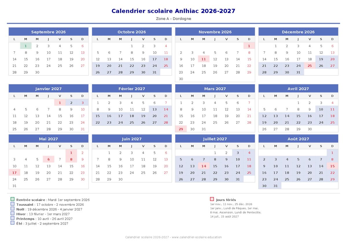Aperçu du calendrier scolaire Anlhiac 2026-2027