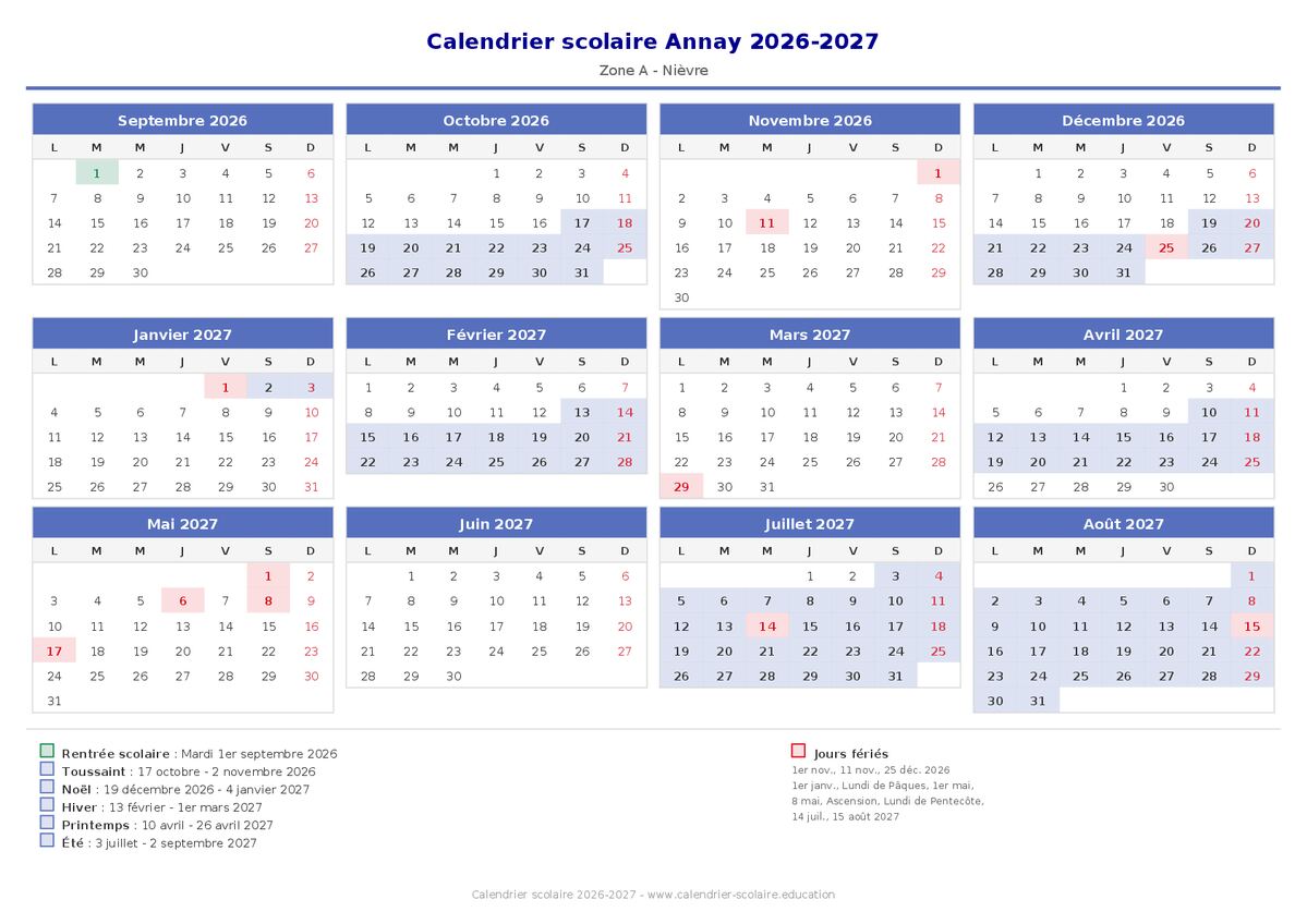 Aperçu du calendrier scolaire Annay 2026-2027