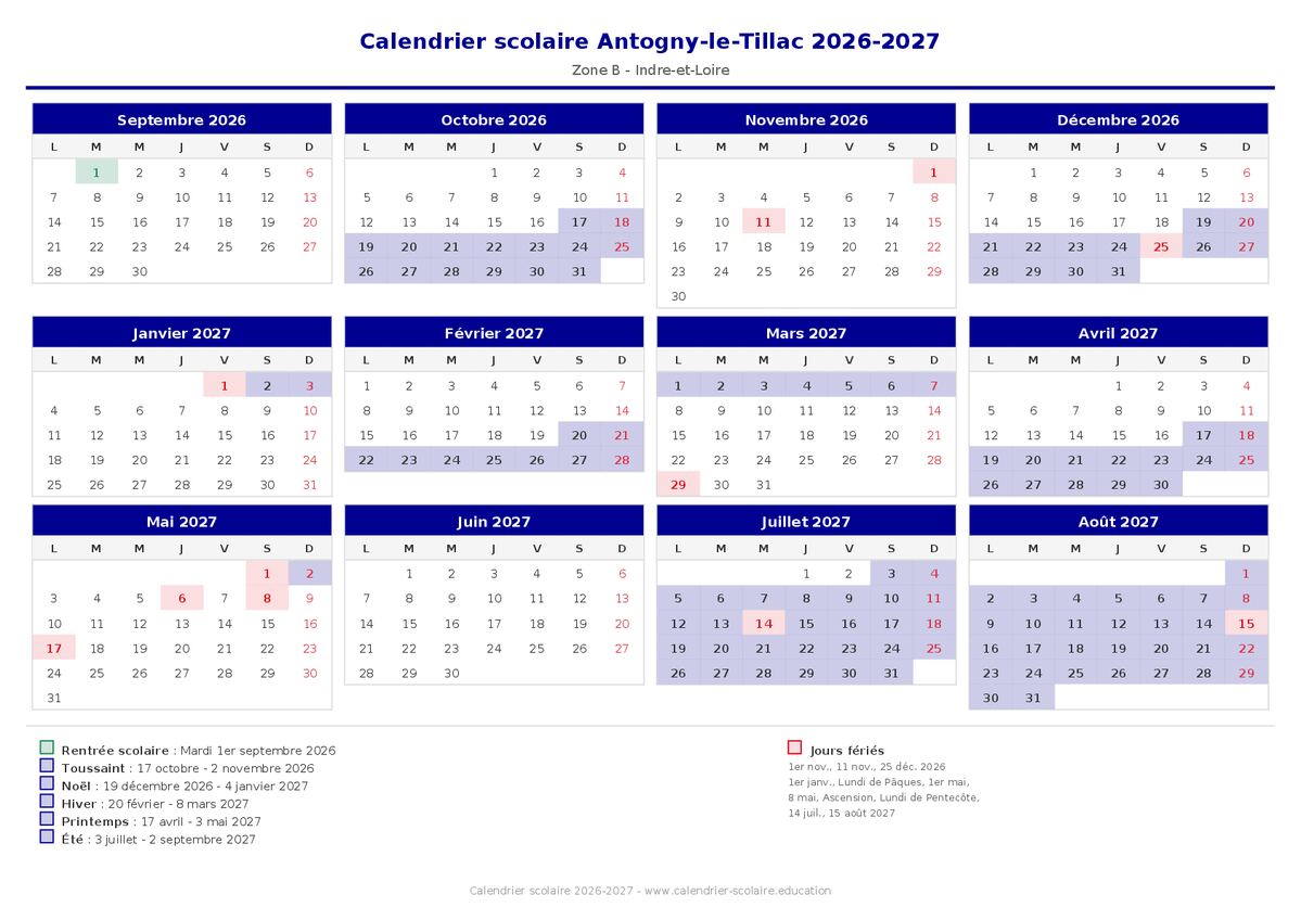 Aperçu du calendrier scolaire Antogny-le-Tillac 2026-2027