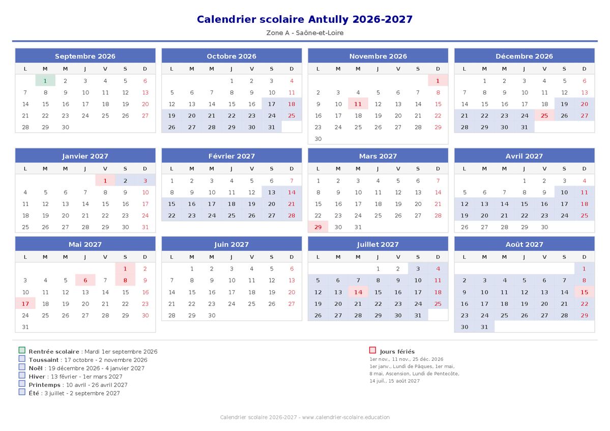 Aperçu du calendrier scolaire Antully 2026-2027
