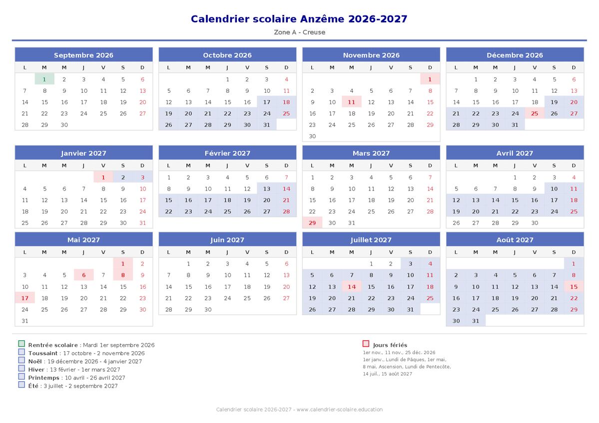 Aperçu du calendrier scolaire Anzême 2026-2027
