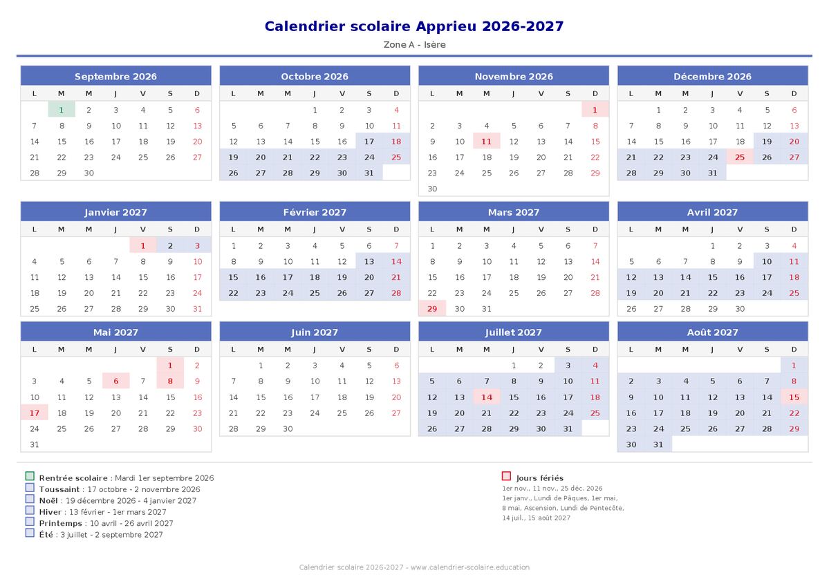 Aperçu du calendrier scolaire Apprieu 2026-2027