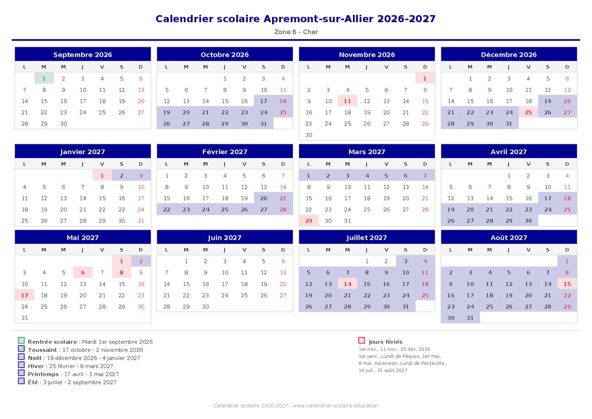 Aperçu du calendrier scolaire Apremont-sur-Allier 2026-2027