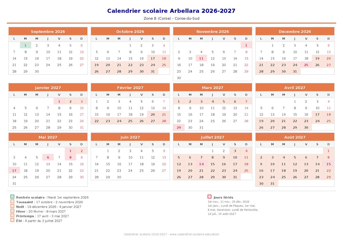 Aperçu du calendrier scolaire Arbellara 2026-2027