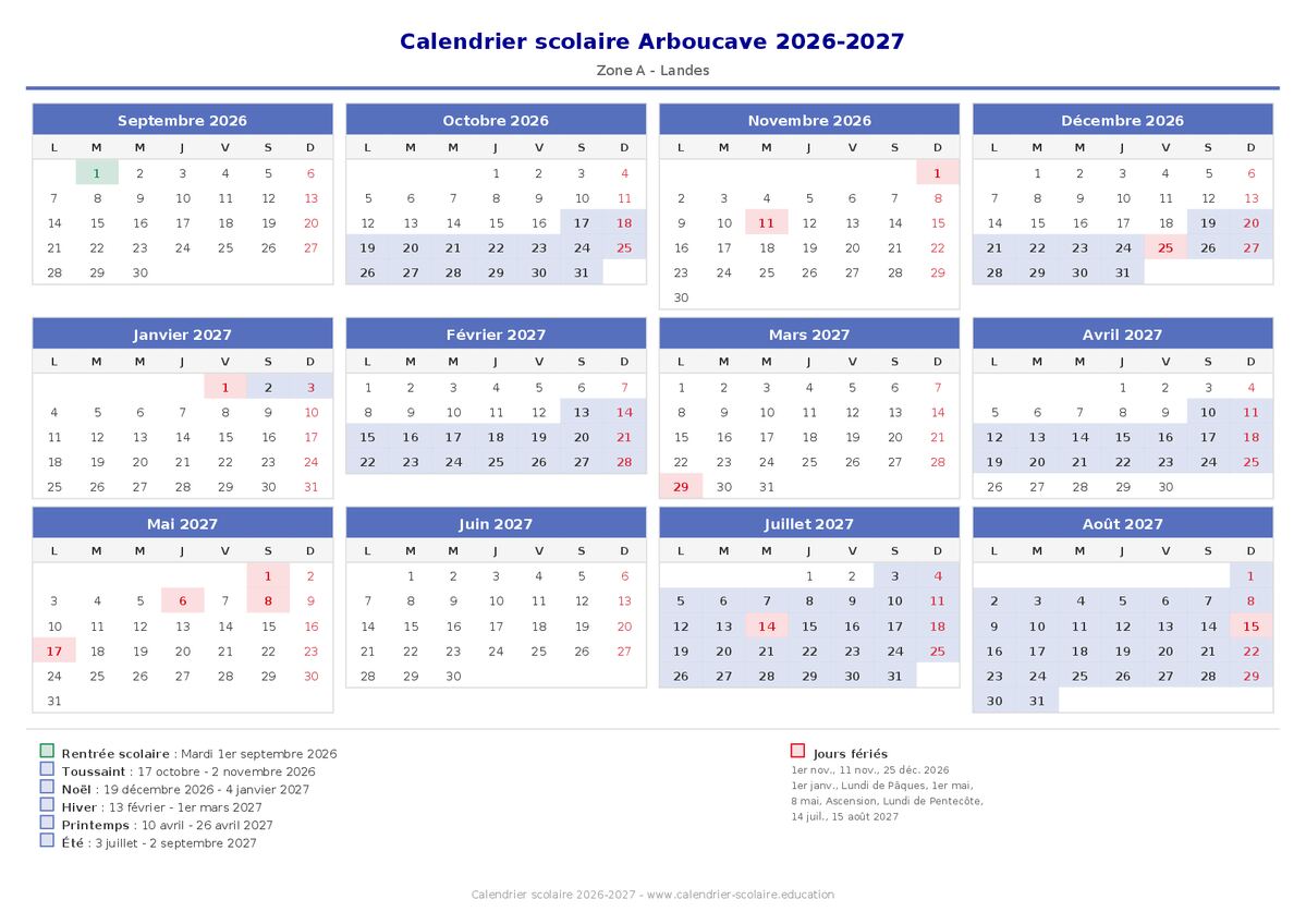 Aperçu du calendrier scolaire Arboucave 2026-2027