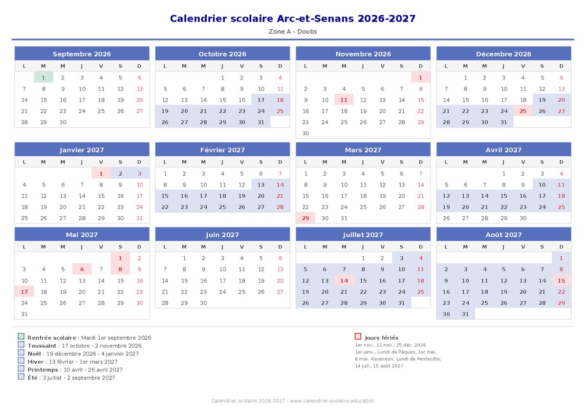 Aperçu du calendrier scolaire Arc-et-Senans 2026-2027