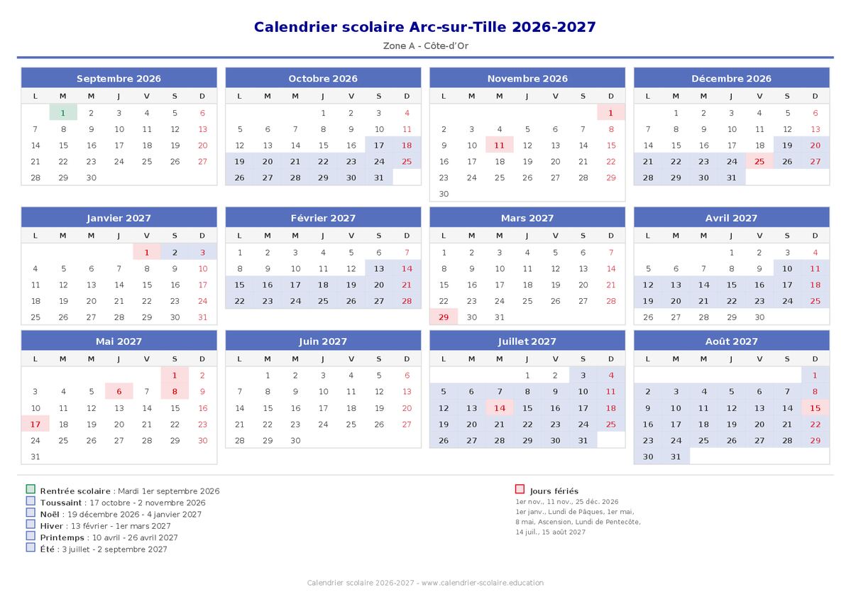 Aperçu du calendrier scolaire Arc-sur-Tille 2026-2027