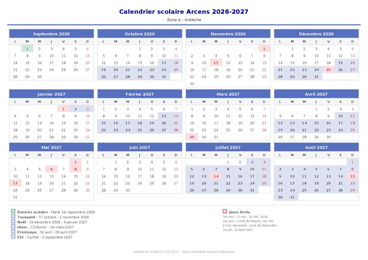 Aperçu du calendrier scolaire Arcens 2026-2027