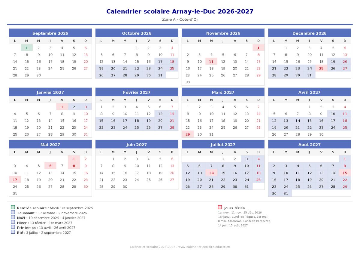 Aperçu du calendrier scolaire Arnay-le-Duc 2026-2027