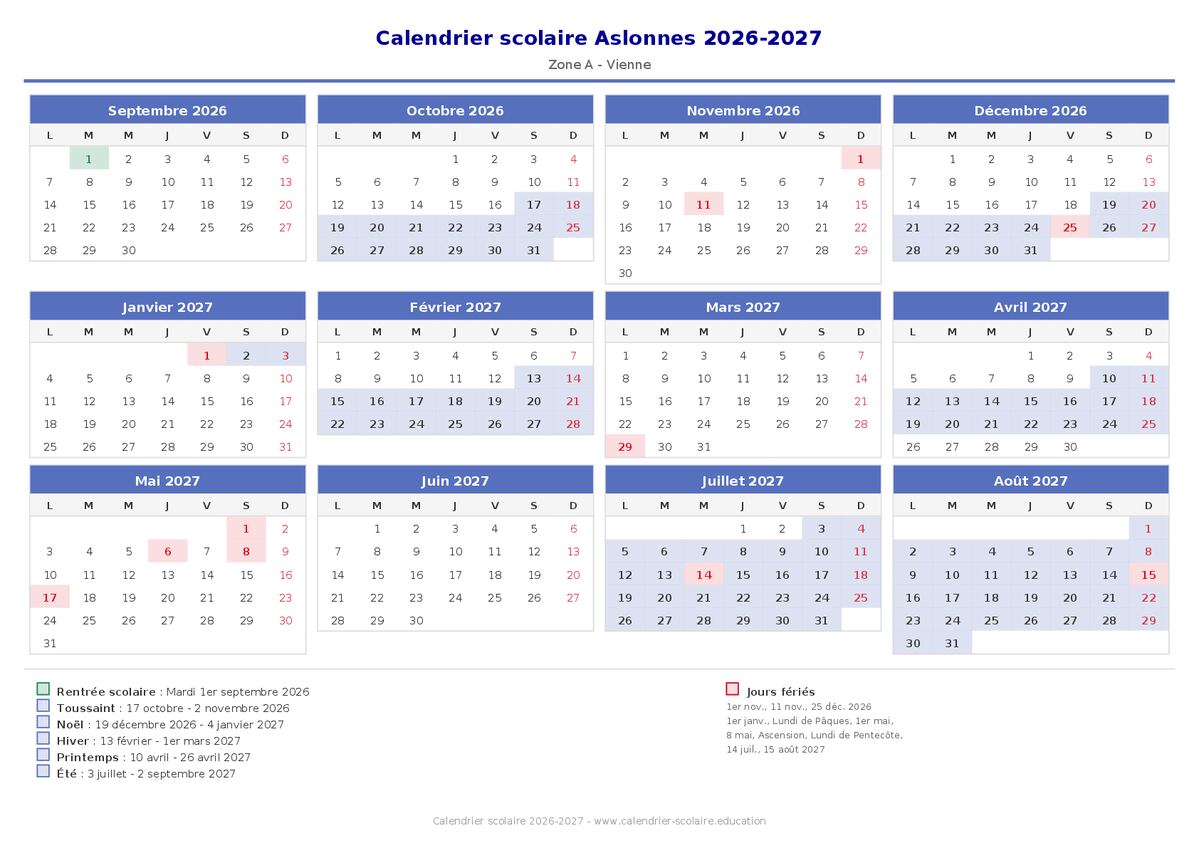 Aperçu du calendrier scolaire Aslonnes 2026-2027