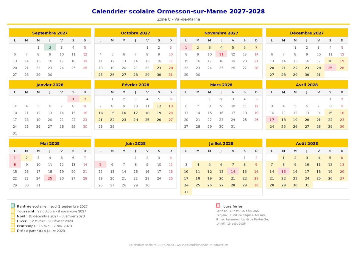 Aperçu du calendrier scolaire Ormesson-sur-Marne 2027-2028