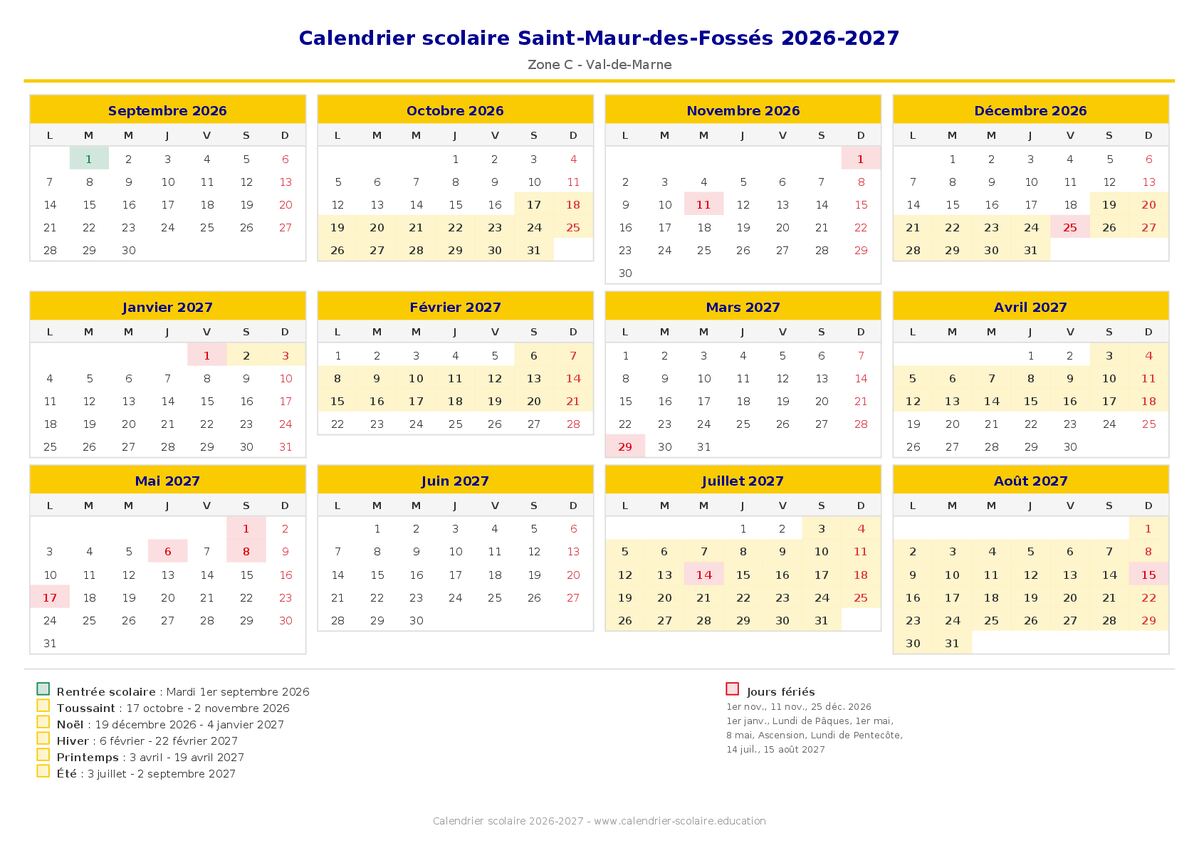 Aperçu du calendrier scolaire Saint-Maur-des-Fossés 2026-2027
